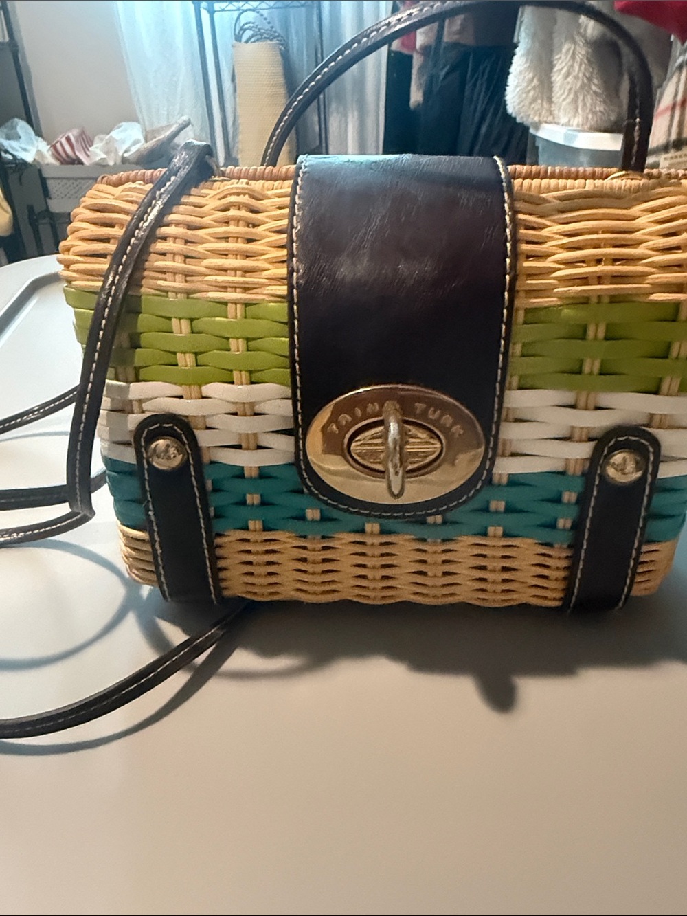 Trina Turk Woven Straw Crossbody in Green, White, Teal & Brown